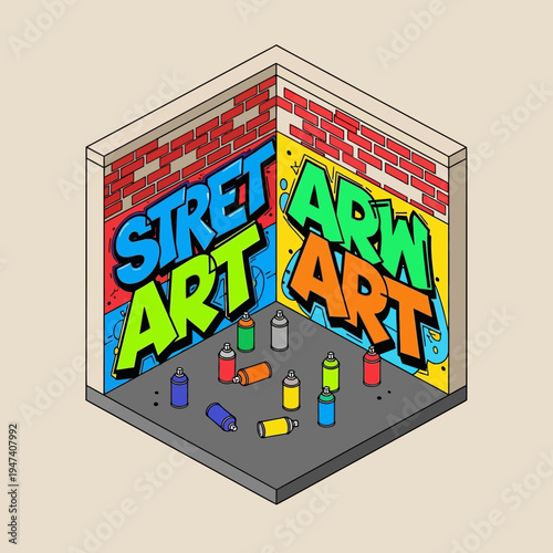 Isometric illustration of a room with graffiti art on the walls and spray paint cans.