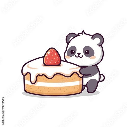 Cute cartoon panda bear holding a delicious strawberry cake, illustration for food lovers, children, and dessert enthusiasts, perfect for bakery promotions and sweet treat designs