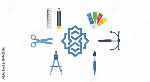 Collection of artistic tools and symbols.