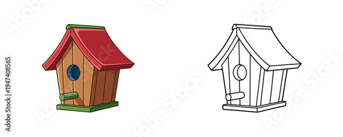 Wooden birdhouse in flat colorful and linear style for garden decor and nature theme in minimal cartoon aesthetic for ornithology or backyard wildlife craft project