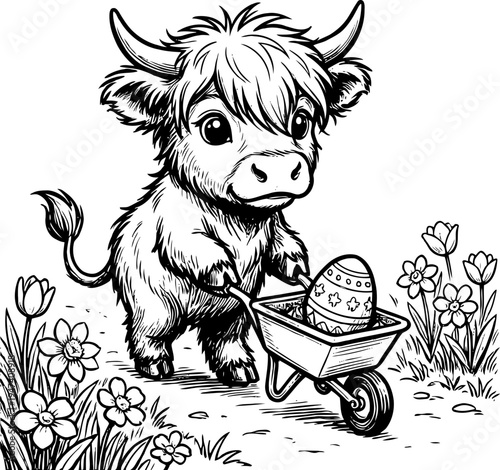 Highland Cow with Wheelbarrow Easter Eggs Vector Illustration