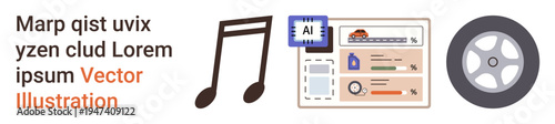 Artificial intelligence, digital music, automation, vehicle analysis, data visualization, tech tools. Music note, AI icon dashboard layout wheel element. AI and digital music