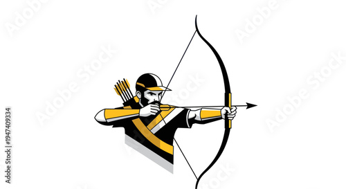 Archer with bow and arrow aiming ready to shoot against white background