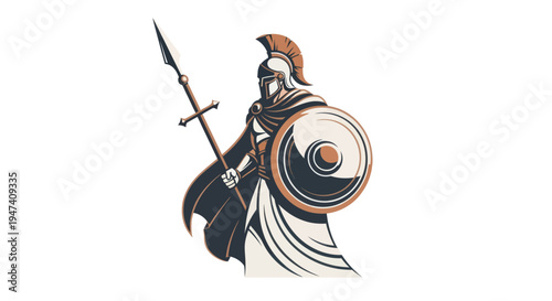 Ancient warrior illustration shield and spear on white background