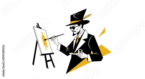 Artist painting on easel creating artwork illustration vector design