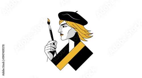 Artistic portrait woman with brush and beret in vector illustration
