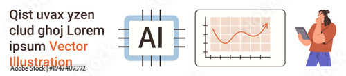 Artificial intelligence, data visualization, research, machine learning, business analysis, technology trends. AI chip, graph with rising trend person with tablet. Artificial intelligence and data