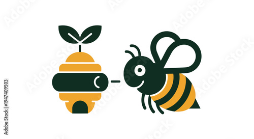 Bee illustration with beehive and leaves for design concept on white