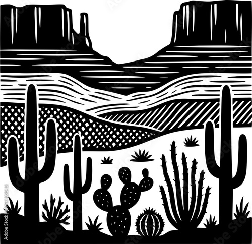 Desert Landscape with Cactus Plants Vector Illustration