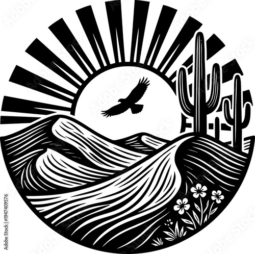 Boho Desert Landscape Circle Vector Illustration