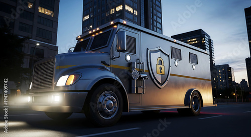Armored truck driving through city street at dusk with security shield logo