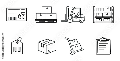 Warehouse icons with pallet forklift and shelving on dark background