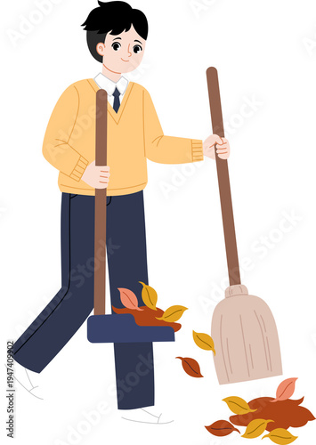 people sweeping autumn leaves