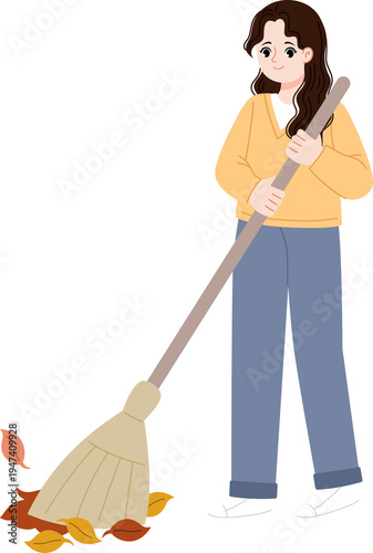 people sweeping autumn leaves