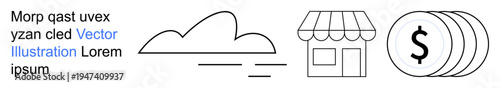 Cloud computing, online shopping, digital transactions, e-commerce, finance, business technology. A cloud, storefront and coins are in a clean style. Cloud computing and e-commerce trends