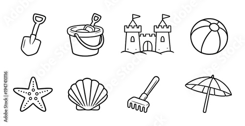 Beach toys and seaside icons arranged on dark gradient background