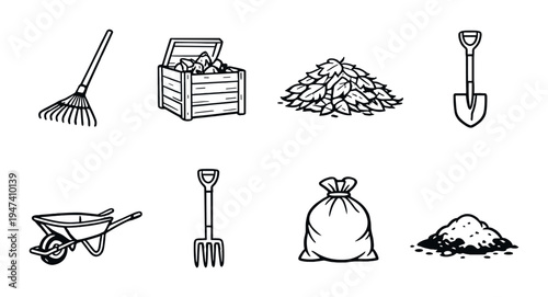 Rake shovel wheelbarrow and leaf piles arranged on dark background