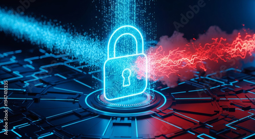 Digital security padlock glowing neon with abstract blue and red energy streams on a dark futuristic technological background