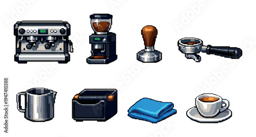 Coffee equipment icons arranged on gray studio background
