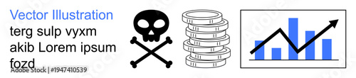 Financial risks, piracy, economic fraud, investment dangers, market trends, theft awareness. Skull and crossbones, coins stack growth chart. Financial risks and piracy concept