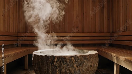 Steam Rising From A Wooden Sauna Heater In A Traditional Sauna Room.