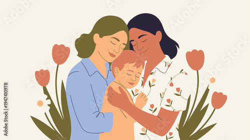 Family parents child embrace illustration