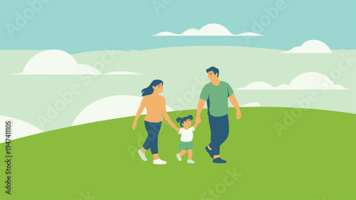 Family walking together on green hill