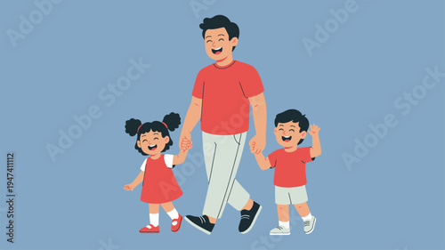Family walking together father kids illustration