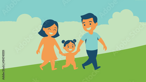 Family walking, parents child, outdoor stroll