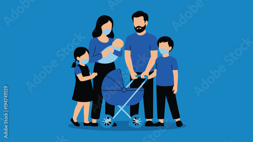 Family wearing face masks baby stroller