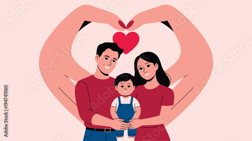Family with child in heart hands, parental protection