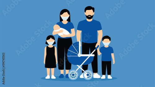 Family with protective face masks and baby stroller