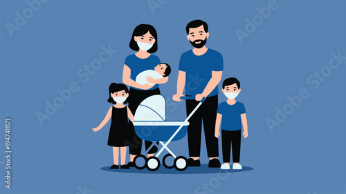 Family with protective masks and baby stroller
