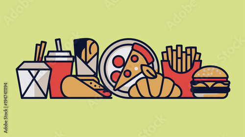 Fast food items illustration burger pizza fries burrito