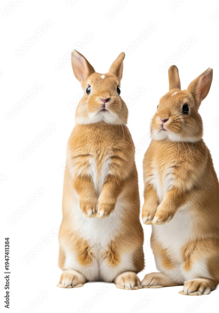 Fototapeta premium Two adorable light golden-brown rabbits balancing upright on their hind legs, tilted heads showing innocent, wide-eyed curiosity in a bright white studio environment, concept of animal innocence
