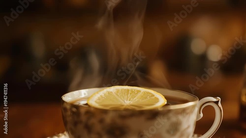Steaming Cup of Tea with Lemon Slice on a Wooden Table.