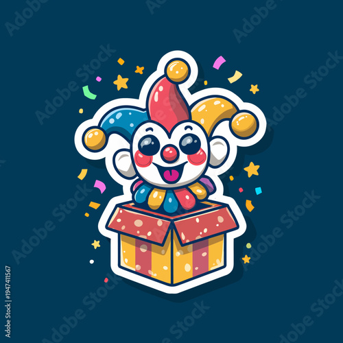 A happy and surprised jester emerges from a gift box, surrounded by confetti and stars, indicating a celebration or a surprise reveal