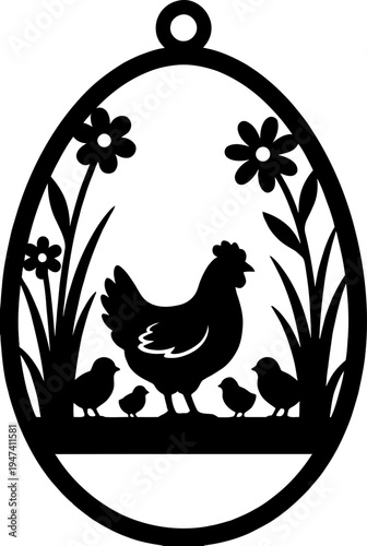 Easter Egg Ornament Chicken Farm Scene Vector Illustration