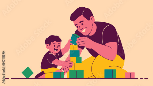 Father son building blocks play