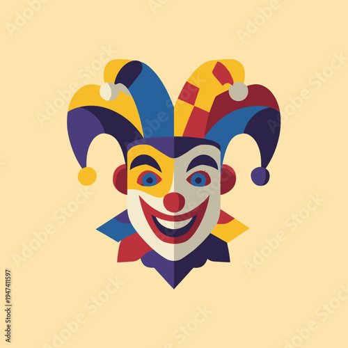 A colorful and cheerful jester's hat adorned with a smiling clown face, perfect for carnival or circus themes
