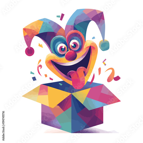 Funny jester popping out of a gift box, celebrating April Fools' Day with confetti and a crazy expression