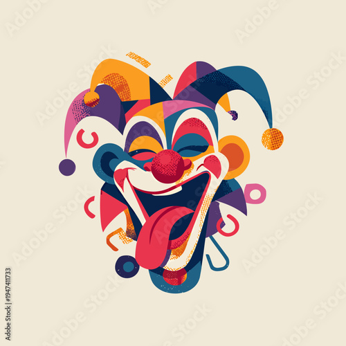 Vibrant jester face bursts with ecstatic laughter, embodying the mischievous and joyful spirit perfect for celebrating April Fools' Day pranks and lighthearted fun