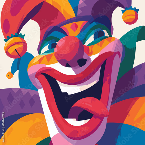 April Fools Day Celebration with a Jester, a Motley Clown with a Red Nose and a Wide Grin, Tongue Out, Colorful Face Paint, and Jester Hat, Embracing the Spirit of Pranks and Merriment