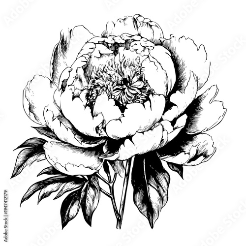 Vintage Hand-Drawn Peony Flower Illustration - Detailed Black and White Sketch for Adobe Stock