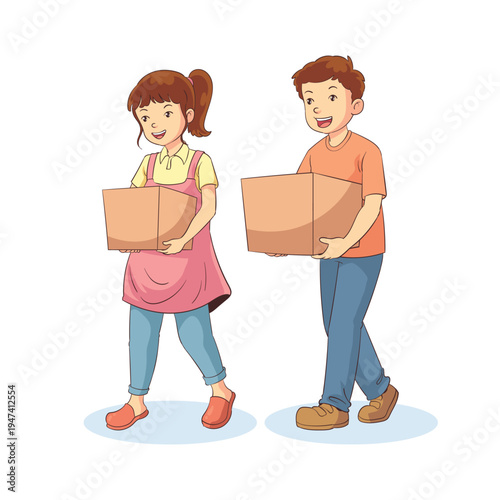 boys and girls carrying cardboard boxes
