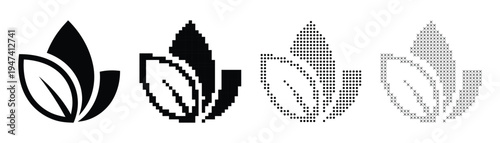 Eco Leaf Nature Organic Plant Silhouette Pixel Halftone Cross Pattern Vector Set