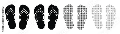 Flip Flop Footprint Sandal Print Silhouette Pixel Halftone Cross Pattern Vector Set