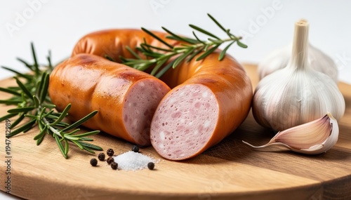 Sausage Culinary Delight: A delectable display of fresh sausage, accompanied by fragrant rosemary, cloves of garlic, a sprinkle of salt and peppercorns, arranged artfully on a wooden board.