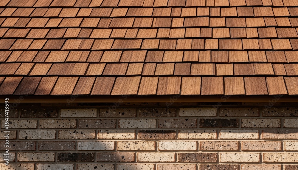 Obraz premium Brick Wall and Wooden Roof: A detailed view of a classic brick wall seamlessly merges with a wooden roof, showcasing natural textures and timeless craftsmanship. 