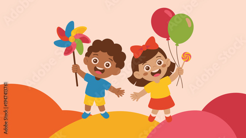 Kids playing pinwheel balloons lollipop
